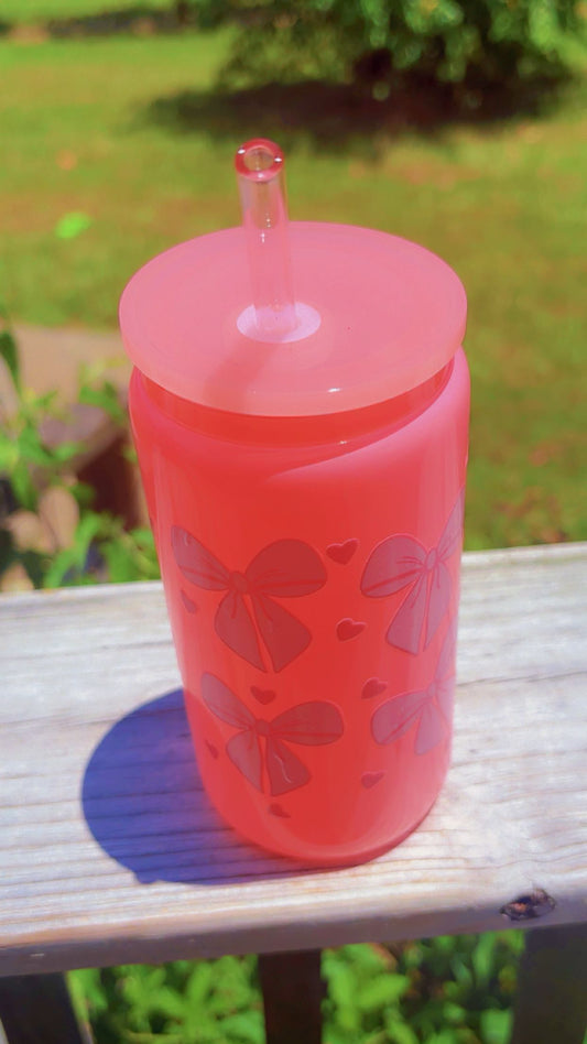 Pink bows glass cup 16oz
